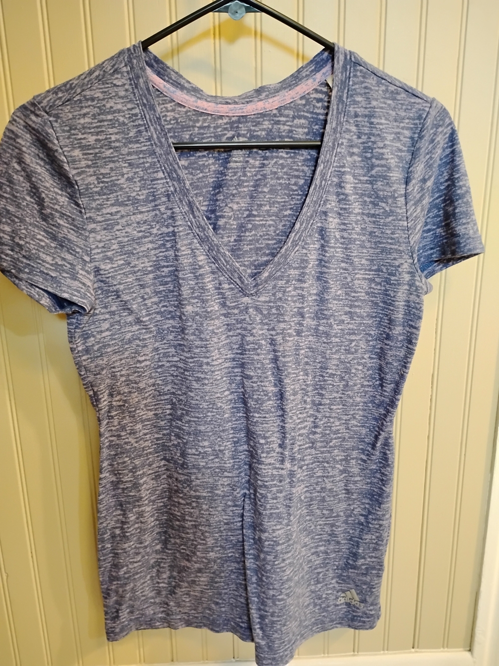 Adidas Short Sleeve V-Neck Climalite Athletic Tee In Heathered Purple